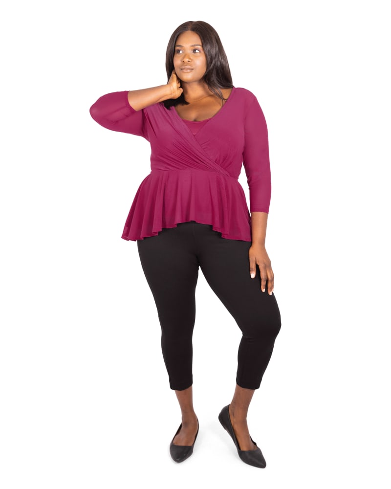Front of a model wearing a size 20W Faux High Low Wrap Blouse in Wine by Marée Pour Toi. | dia_product_style_image_id:244990